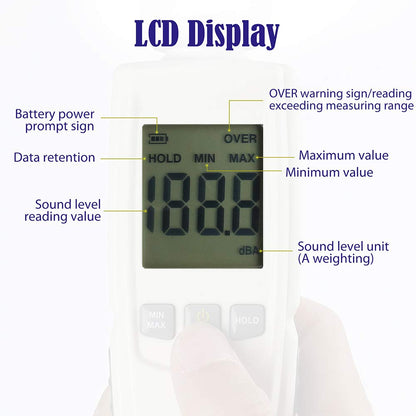 LotFancy Decibel Meter Sound Level Reader, DB SPL Meter Noise Detector, Range 30dba - 130dba with Max/Min Data Hold Function, Large Backlit LCD Display, Self-Calibrated Batteries Included