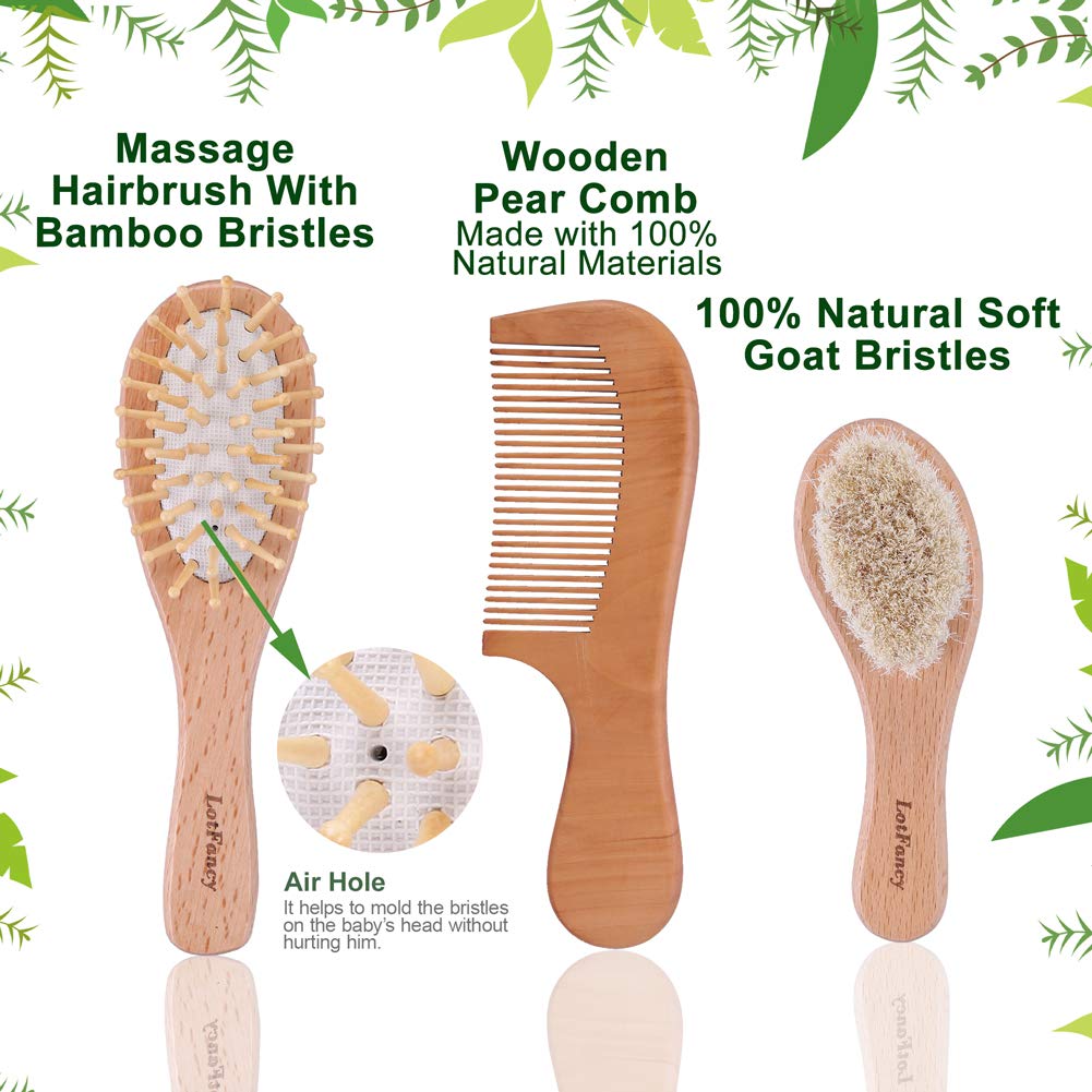 3 Pack Baby Hair Brush and Comb Set for Newborns, Soft Goat Bristle Brush for Cradle Cap, Scalp Grooming Kit