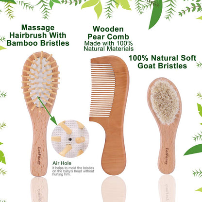 3 Pack Baby Hair Brush and Comb Set for Newborns, Soft Goat Bristle Brush for Cradle Cap, Scalp Grooming Kit