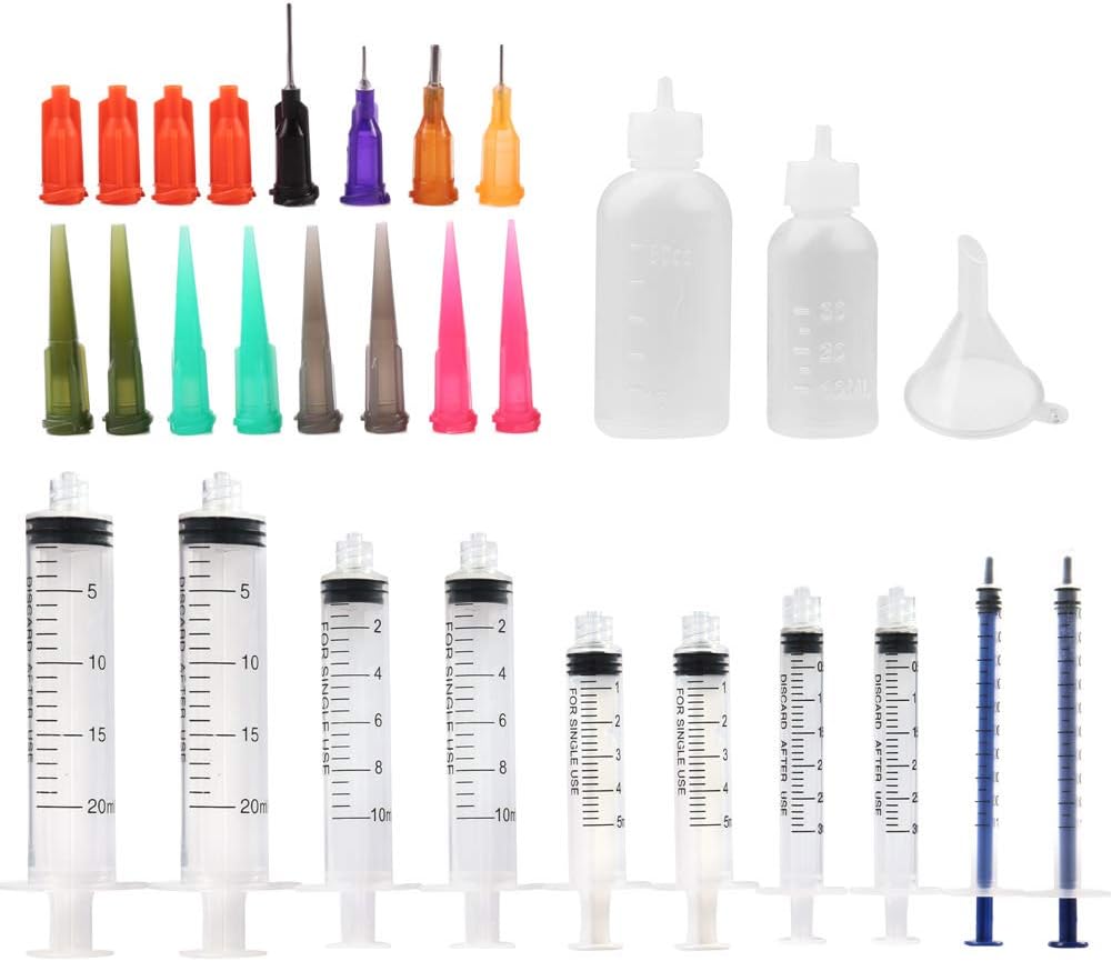 LotFancy 10 Pack Syringe Luer Lock with 14ga 18ga 20ga Blunt Tip Needle and Caps, 1ml 3ml 5ml 10ml 20ml Glue Applicator Syringe for Refilling & Measuring, Oil, E Juice, E Liquid, E Cig, Wood Glue