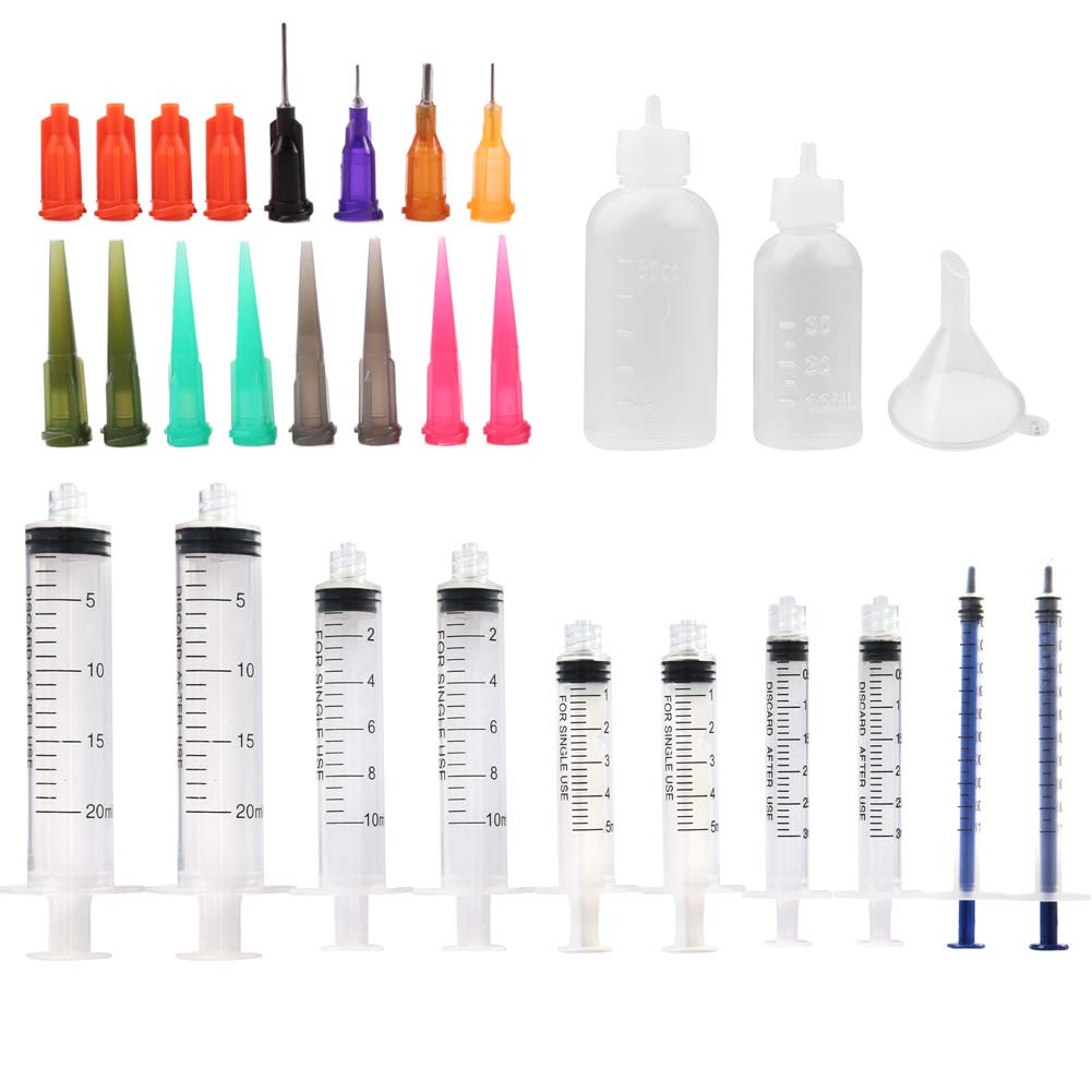 LotFancy 10 Pack Syringe Luer Lock with 14ga 18ga 20ga Blunt Tip Needle and Caps, 1ml 3ml 5ml 10ml 20ml Glue Applicator Syringe for Refilling & Measuring, Oil, E Juice, E Liquid, E Cig, Wood Glue