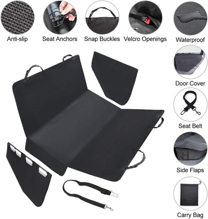 LotFancy Dog Seat Cover with Seat Belt, Pet Seat Covers with Side Flaps, 100% Waterproof Dog Back Seat Covers for Cars/Trucks/SUVs, Scratch Proof & Nonslip Black Car Seat Cover & Hammock