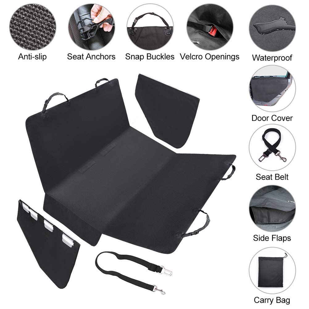 LotFancy Dog Seat Cover with Seat Belt, Pet Seat Covers with Side Flaps, 100% Waterproof Dog Back Seat Covers for Cars/Trucks/SUVs, Scratch Proof & Nonslip Black Car Seat Cover & Hammock