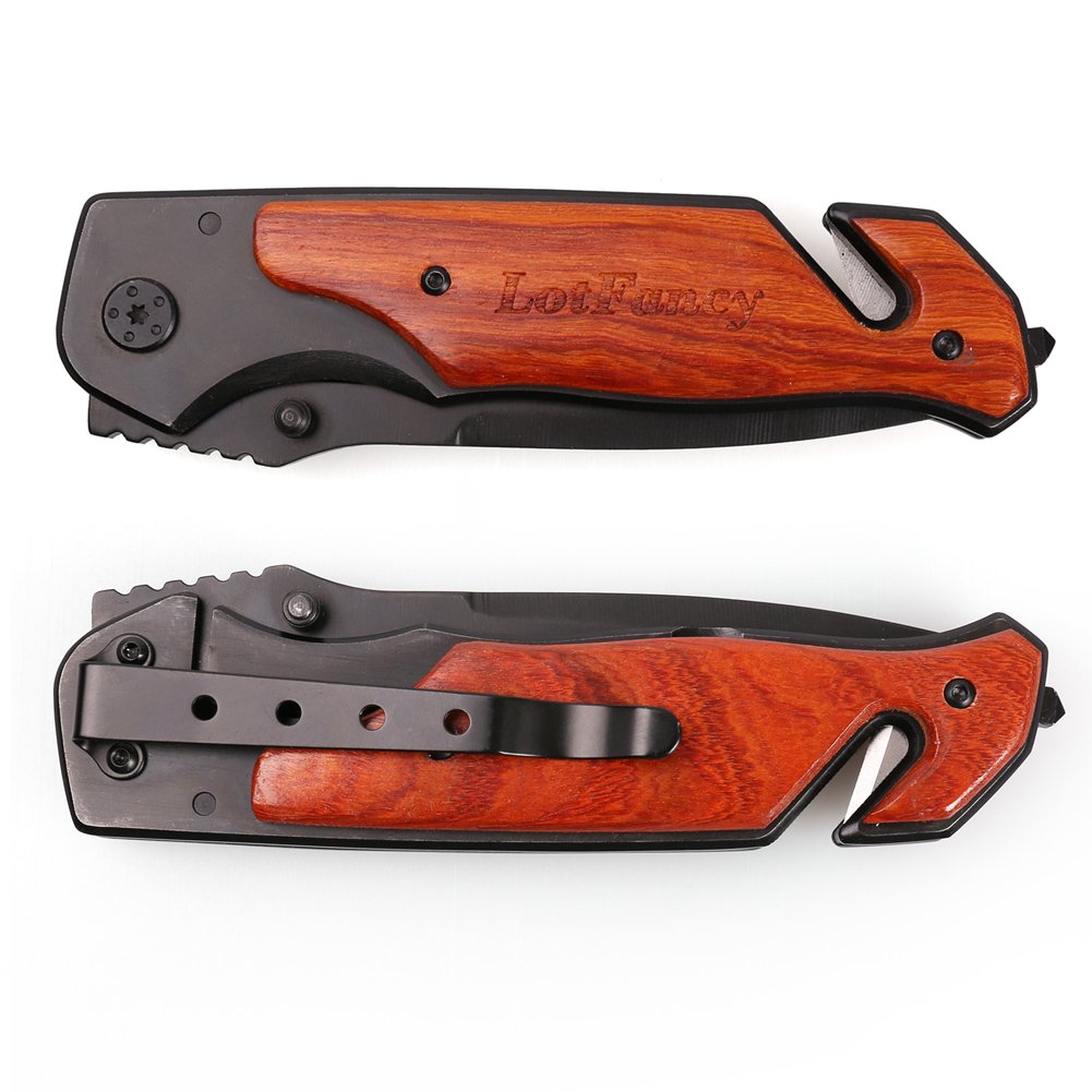 LotFancy Tactical Folding Pocket Knife with Clip Outdoor Portable Survival Knife for Rescue Hunting, Partially Serrated Blade, 5 Inch Closed