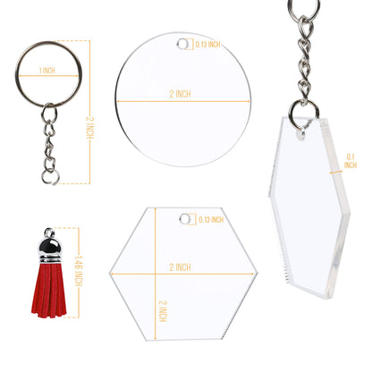 LotFancy 160 Pcs Acrylic Keychain Blanks Set for Vinyl Craft, Includes 32Pc 2” Clear Acrylic Discs (Round & Hexagon), 32Pc Colorful Tassels, 32Pc Silver Key Chains, 32Pc Jump Rings and 32Pc Stickers