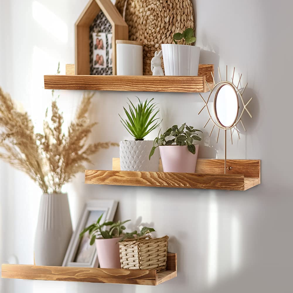 LotFancy Floating Shelves, 16 Inch, Set of 3, Wall Mounted Wood Shelves, Rustic Wall Shelf Picture Ledge for Bathroom, Living Room, Bedroom, Office, Kitchen, Bonus a Wooden Board with 4 Hooks