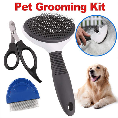 3 in 1 Dog Grooming Brush Kit, Set of 3 Dog Nail Clippers, Cat Flea Comb, Self Cleaning Slicker Brush, Professional Pet Grooming Kit for Cats, Puppy, Bunny