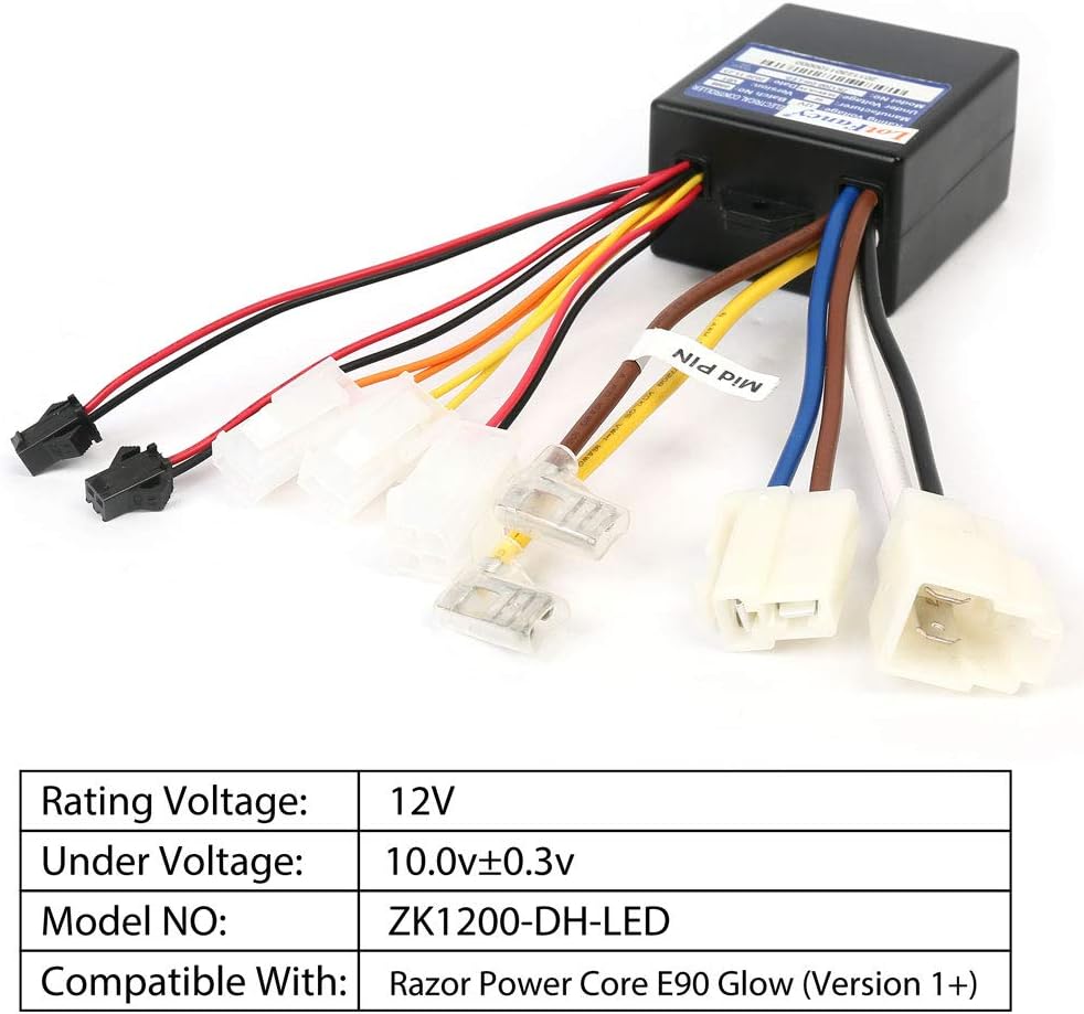 LotFancy 12V Controller for Razor Power Core E90 Glow (Version 1+), 9 Connectors, Model Number: ZK1200-DH-LED, Scooter Control Module Replacement