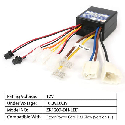 LotFancy 12V Controller for Razor Power Core E90 Glow (Version 1+), 9 Connectors, Model Number: ZK1200-DH-LED, Scooter Control Module Replacement