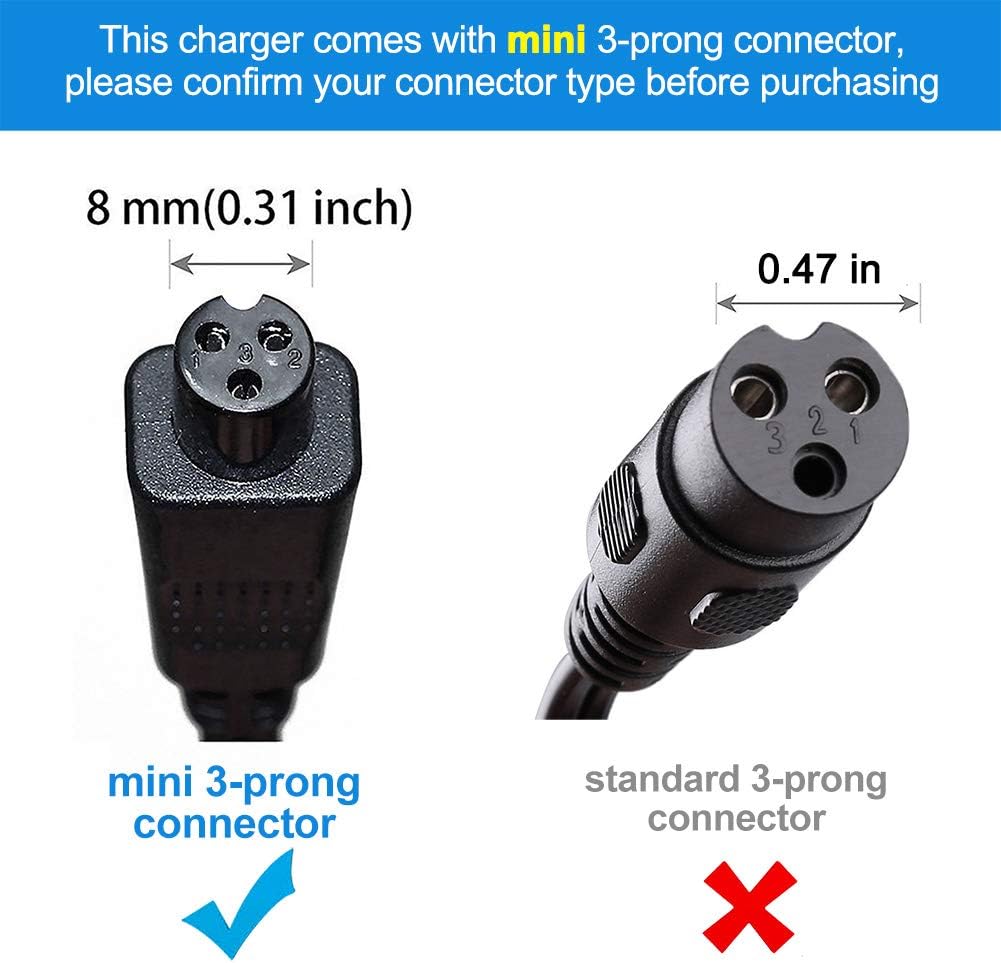 36V 42V 1A Battery Charger, Compatible with Razor Electric Scooters, Swagtron T1, T3, T6, Swagway X1, IO Hawk, Power Supply Adapter, UL Listed, Mini 3-Prong Connector