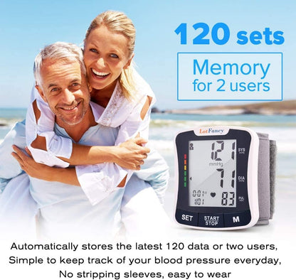 Wrist Blood Pressure Monitor, Talking BP Machine with Voice Broadcast, Cuff (5.3"-8.5"), 2 User, 120 Reading Memory, Automatic Digital BP Gauge, Large LCD Display WMT
