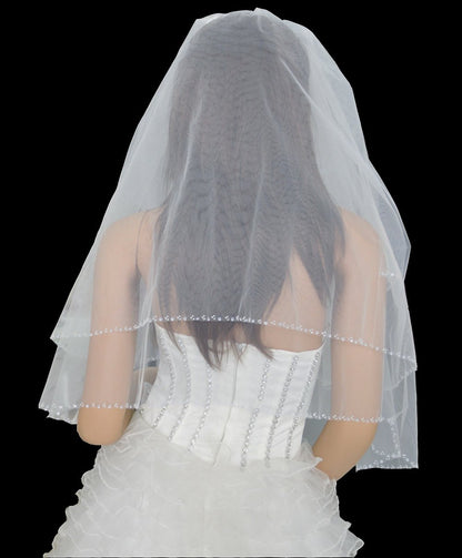 LotFancy 2T 2 Tier Silver Lined Beaded Edge Bridal Wedding Veil, Cut Edge with Hand Sewn Beading (Bugle Beads, Seed Beads and Sequins)