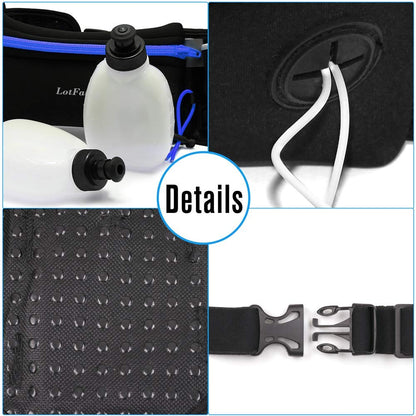 LotFancy Running Belt with Bottle Holder, Hydration Belt for Women Men, Fuel Marathon Waist Pouch for Runners, Reflective Fanny Pack for Any Phone Size