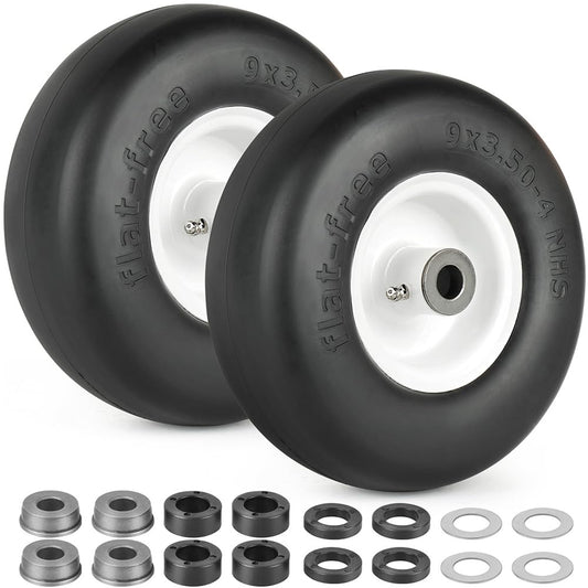 LotFancy 9x3.50-4" Flat Free Tire and Wheel, 2 Pcs Lawn Mower Smooth Tread Tire for Zero Turn Mowers