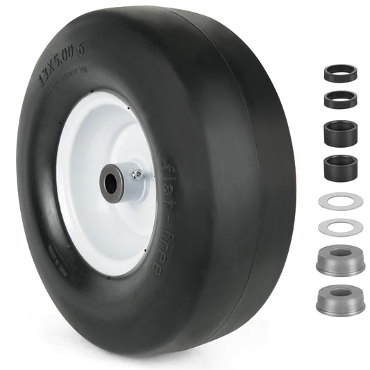 LotFancy 13x5.00-6 Flat Free Tire and Wheel, 3/4" & 5/8" Bushing, 3.25"-3.75”-4.25”-4.75” Centered Hub, Smooth Tread Front Solid Tire for Zero Turn Mowers