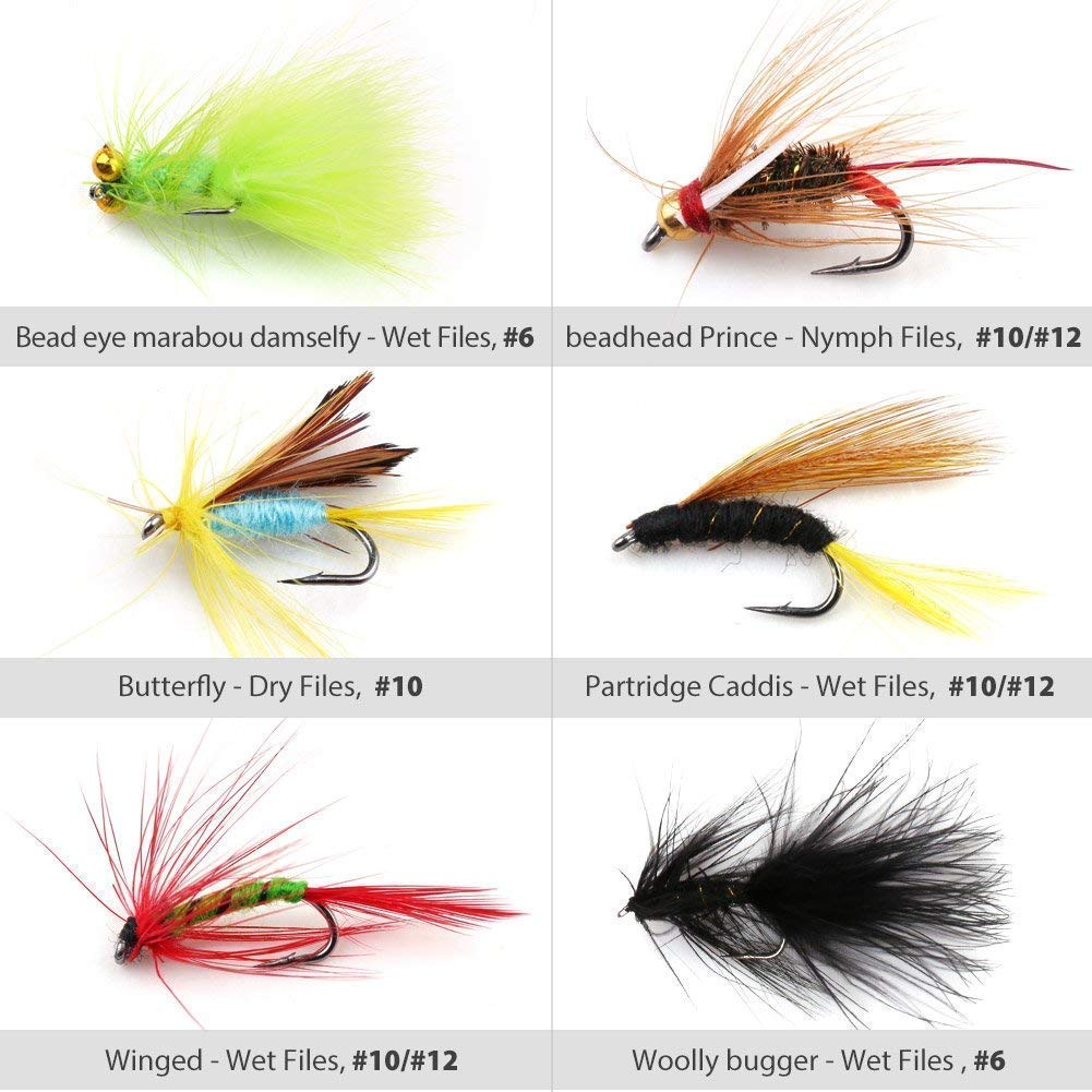 LotFancy 20 Pcs Fly Fishing Flies, Dry/Wet Flies, Nymph Flies, Wooly Bugger Flies, Streamers, Emergers, Caddis Fly Assortment for Trout Bass Salmon