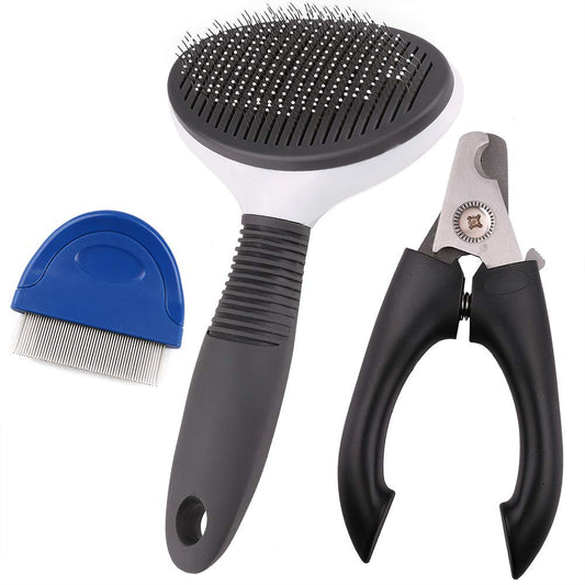 3 in 1 Dog Grooming Brush Kit, Set of 3 Dog Nail Clippers, Cat Flea Comb, Self Cleaning Slicker Brush, Professional Pet Grooming Kit for Cats, Puppy, Bunny