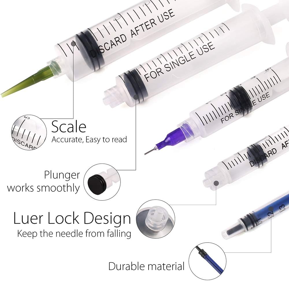 LotFancy 10 Pack Syringe Luer Lock with 14ga 18ga 20ga Blunt Tip Needle and Caps, 1ml 3ml 5ml 10ml 20ml Glue Applicator Syringe for Refilling & Measuring, Oil, E Juice, E Liquid, E Cig, Wood Glue