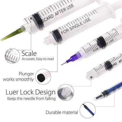 LotFancy 10 Pack Syringe Luer Lock with 14ga 18ga 20ga Blunt Tip Needle and Caps, 1ml 3ml 5ml 10ml 20ml Glue Applicator Syringe for Refilling & Measuring, Oil, E Juice, E Liquid, E Cig, Wood Glue