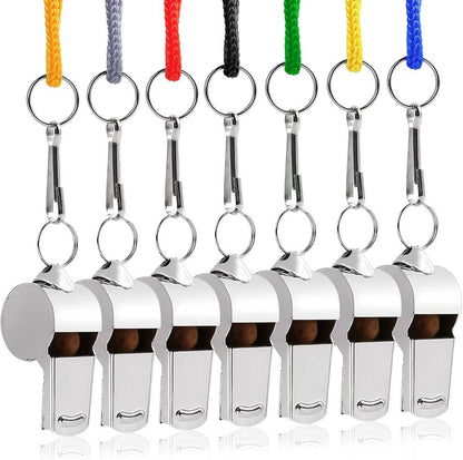 LotFancy Metal Whistles with Lanyard, 7 Pack Stainless Steel Referee Whistles for Coaches and Lifeguards, Loud and Crisp Sound, Bulk for Emergency, Survival, School Sports, Training, Self-Defense