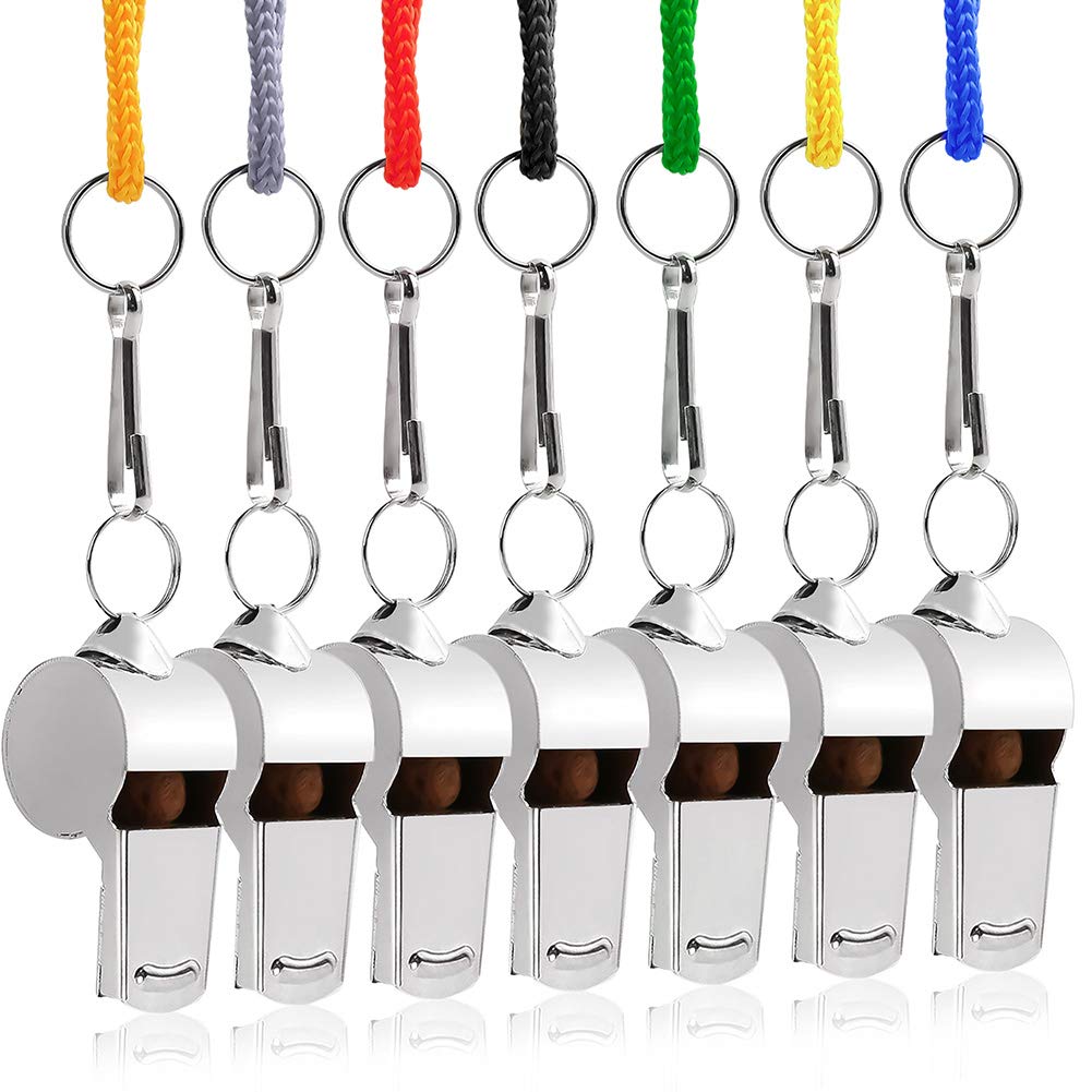 LotFancy Metal Whistles with Lanyard, 7 Pack Stainless Steel Referee Whistles for Coaches and Lifeguards, Loud and Crisp Sound, Bulk for Emergency, Survival, School Sports, Training, Self-Defense