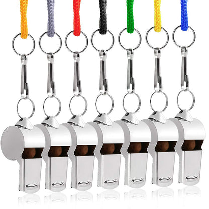 LotFancy Metal Whistles with Lanyard, 7 Pack Stainless Steel Referee Whistles for Coaches and Lifeguards, Loud and Crisp Sound, Bulk for Emergency, Survival, School Sports, Training, Self-Defense
