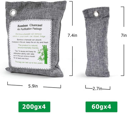 LotFancy Bamboo Charcoal Air Purifying Bags, 8 Pack (4 x 200g + 4 x 60g) Activated Charcoal Odor Eliminator Bags, Nature Air Purifier Bags for Home, Car, Closet, Pet Areas, Bathroom