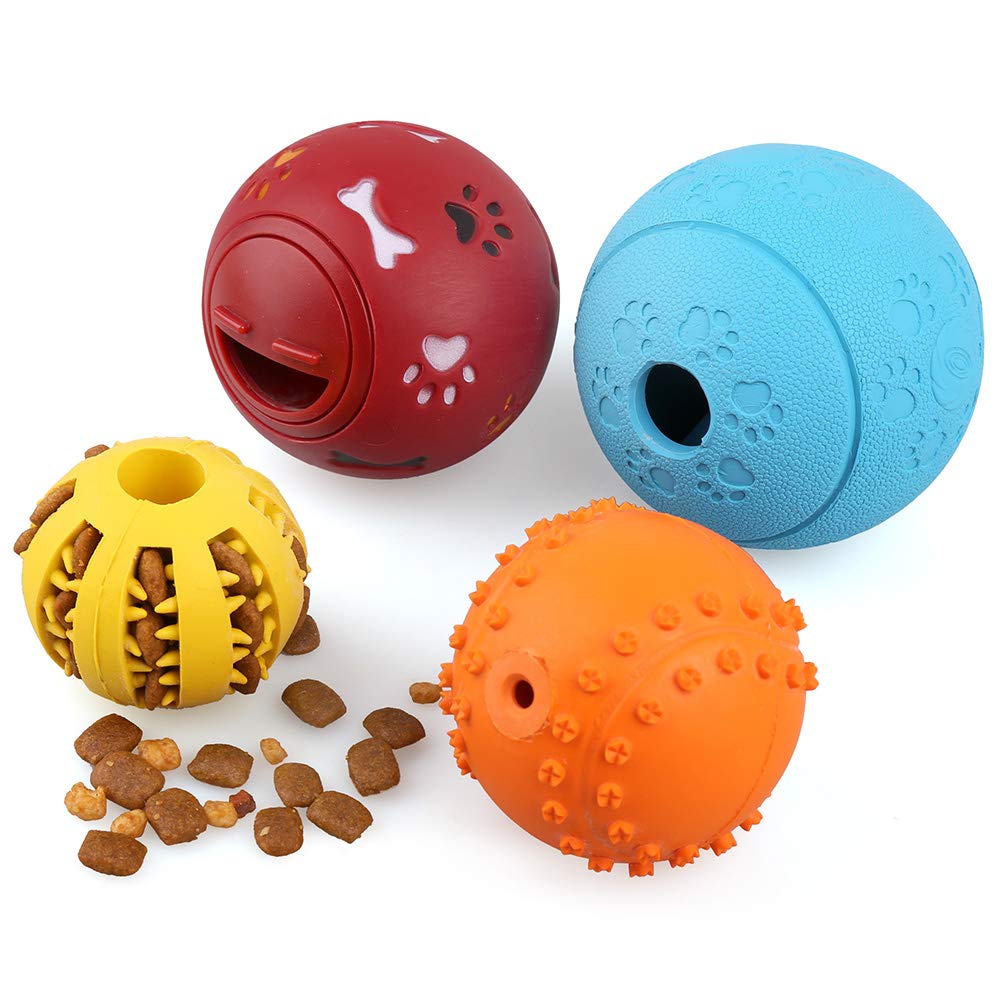Prime Pets 4 Pack IQ Treat Ball, Fun Interactive Food Dispensing Dog Toys, Non-Toxic Natural Rubber Dog Puzzle Chew Toys, for Tooth Cleaning, Chewing, Playing