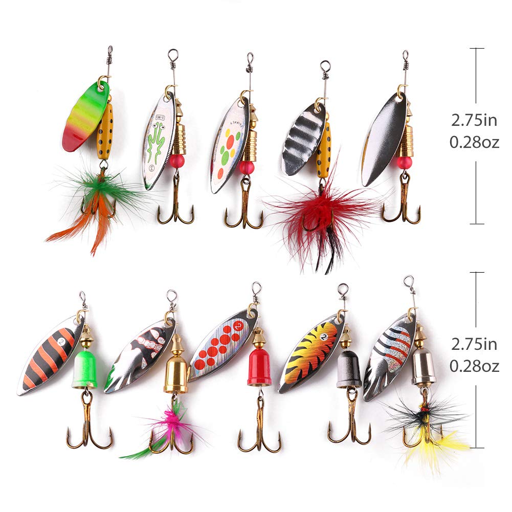 LotFancy Spinnerbaits Fishing Lures with 2 Portable Tackle Boxes - Hard Metal Spinner Baits Kit for Bass Trout Salmon Walleye, Pack of 10