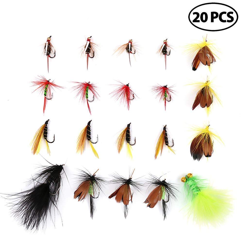 LotFancy 20 Pcs Fly Fishing Flies, Dry/Wet Flies, Nymph Flies, Wooly Bugger Flies, Streamers, Emergers, Caddis Fly Assortment for Trout Bass Salmon