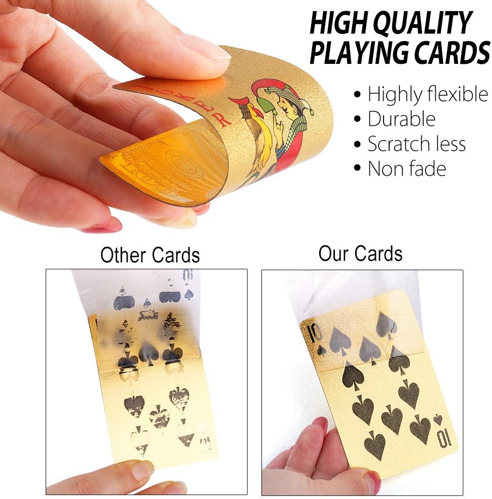 LotFancy Golden Foil Plated Playing Cards, 2 Decks of Cards, Bridge Size Standard Index, for Cards Games, Magic Props, Great Gift (1 Deck Bill Backing and 1 Deck Mosaic Backing)