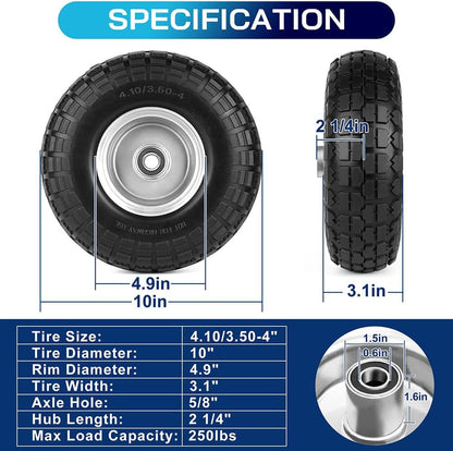 LotFancy 4.10/3.50-4” Tire, 2 Pack 10” Utility Tire for Dolly Hand Truck Garden Carts