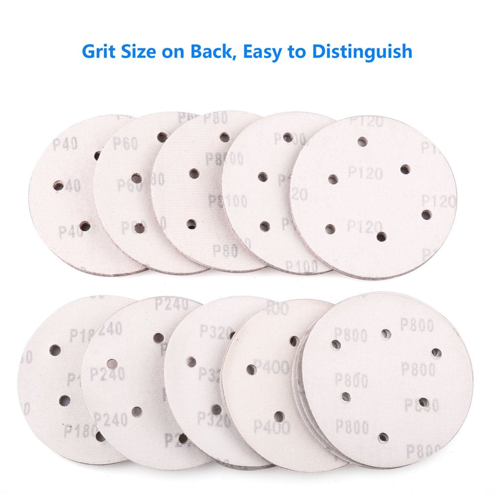 5 Inch 6-Hole Hook and Loop Sanding Discs by LotFancy - 90PCS 40/60/80/100/120/180/240/320/400/800 Grit Assorted Orbital Sander Round Sandpaper