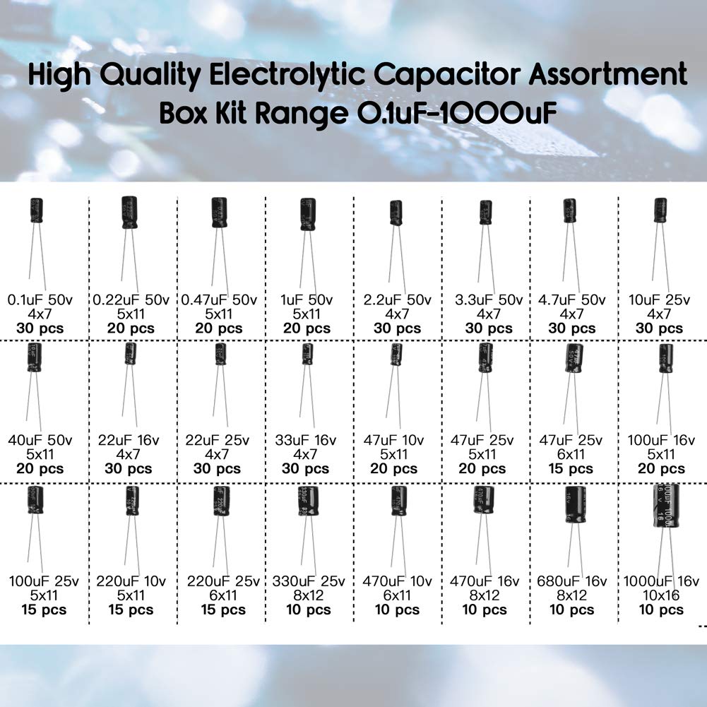 LotFancy 500Pcs 24 Values Electrolytic Capacitor Kit Range 0.1uF-1000uF, 10V 16V 25V 50V Aluminum Electrolytic Capacitor with Storage Box for Tinker