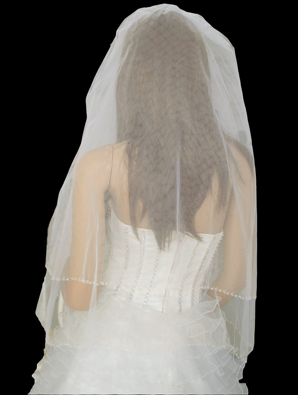 LotFancy 2T 2 Tier Silver Lined Beaded Edge Bridal Wedding Veil, Cut Edge with Hand Sewn Beading (Bugle Beads, Seed Beads and Sequins)