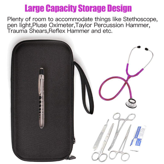 Stethoscope Carrying Case Compatible with 3M Littmann Classic III, Cardiology IV Diagnostic, MDF, ADC, with Handle, Includes Medical LED Penlights & Mesh Pocket for Accessories