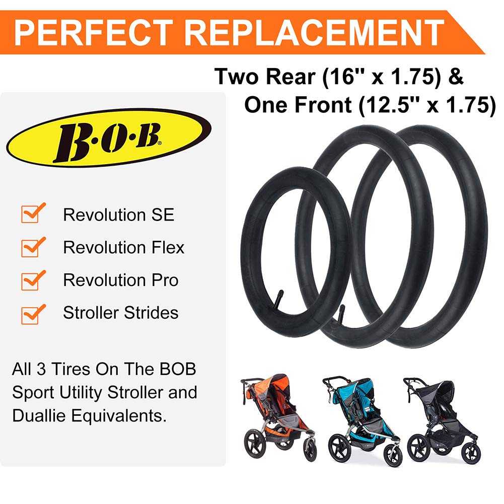 LotFancy 2PCS 16'' x 1.5/1.75 Rear & 1PC 12.5'' x 1.75/2.15 Front Stroller Inner Tube for BOB Revolution Stroller (SE, Flex, Pro, Stroller Strides), Heavy Duty, Pack of 3