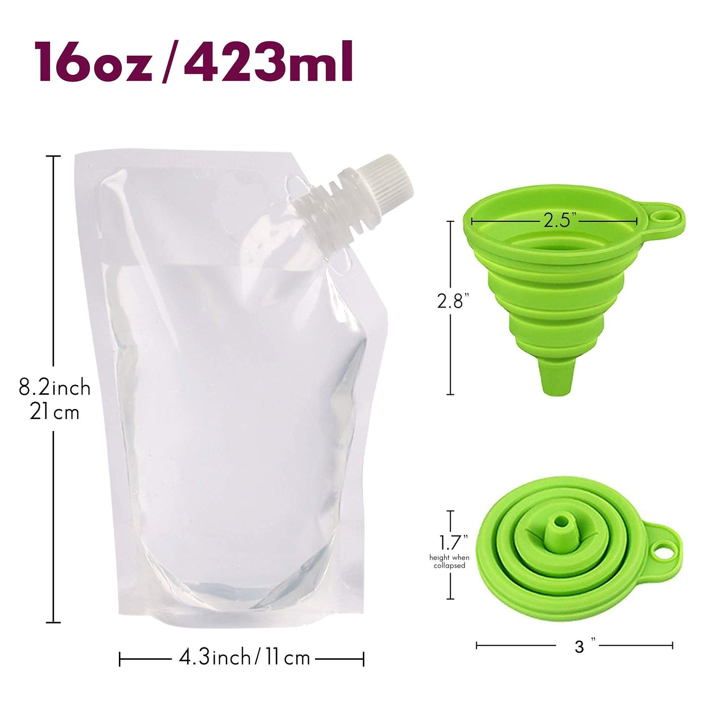 Plastic Liquor Flask Kit 2 Collapsible Silicone Funnels, Concealable And Reusable Runner Alcohol Juice Plastic Liquor Bags