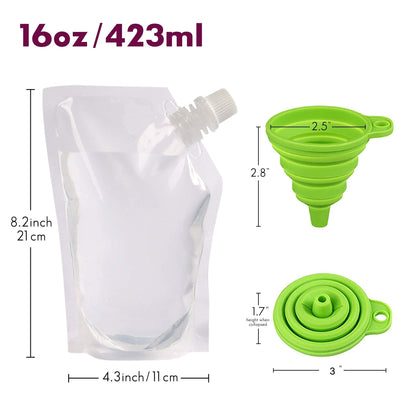 Plastic Liquor Flask Kit 2 Collapsible Silicone Funnels, Concealable And Reusable Runner Alcohol Juice Plastic Liquor Bags