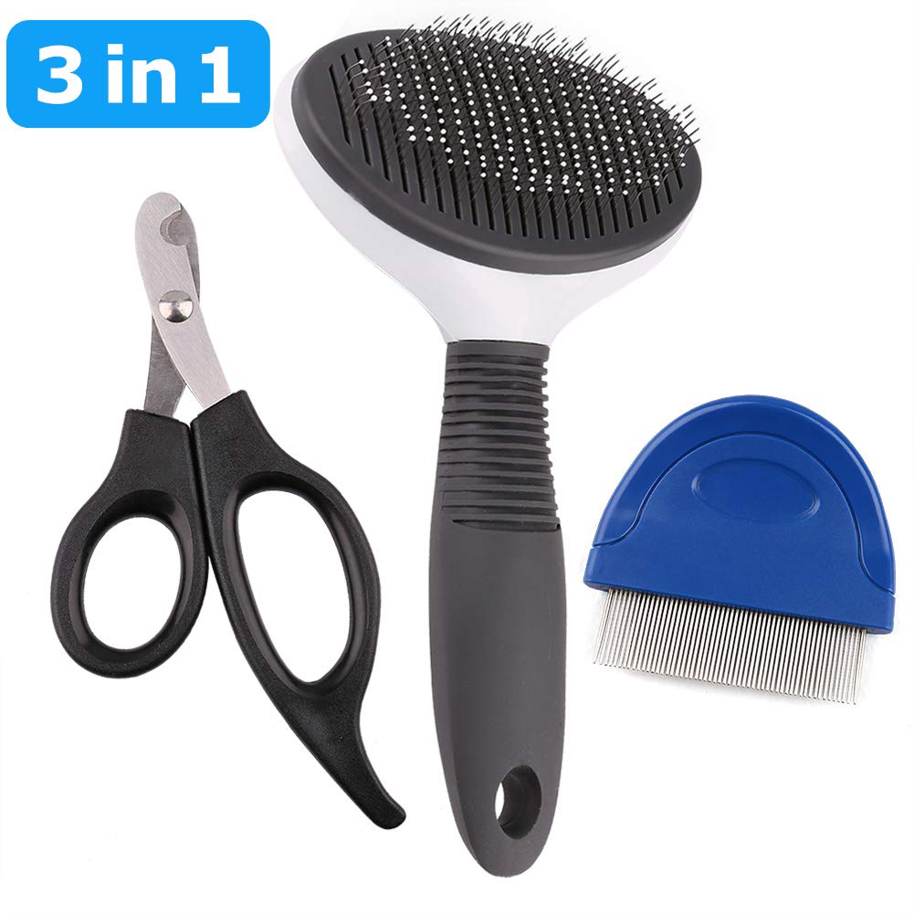 3 in 1 Dog Grooming Brush Kit, Set of 3 Cat Nail Clippers, Cat Comb, Self Cleaning Slicker Brush, Professional Pet Grooming Kit for Cats, Puppy, Bunny