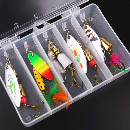 LotFancy Spinnerbaits Fishing Lures with 2 Portable Tackle Boxes - Hard Metal Spinner Baits Kit for Bass Trout Salmon Walleye, Pack of 10