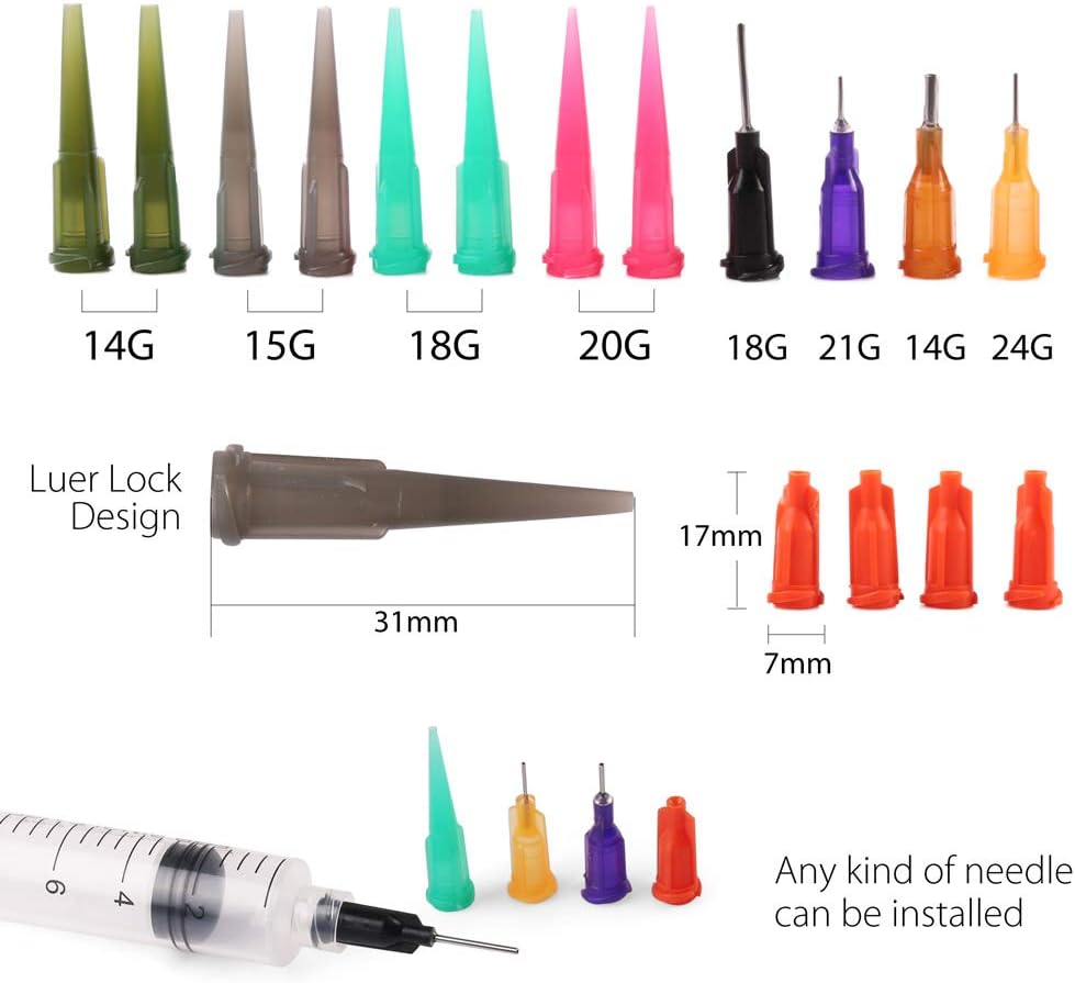 LotFancy 10 Pack Syringe Luer Lock with 14ga 18ga 20ga Blunt Tip Needle and Caps, 1ml 3ml 5ml 10ml 20ml Glue Applicator Syringe for Refilling & Measuring, Oil, E Juice, E Liquid, E Cig, Wood Glue