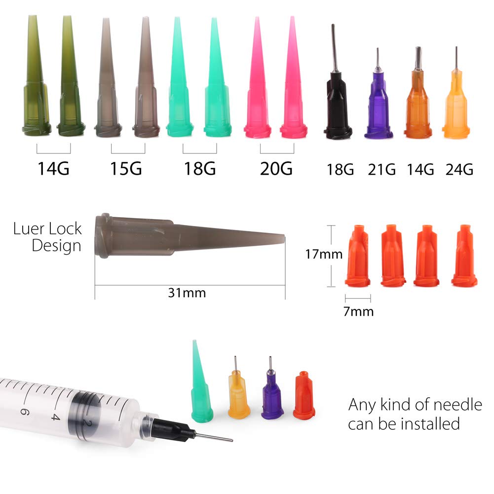 LotFancy 10 Pack Syringe Luer Lock with 14ga 18ga 20ga Blunt Tip Needle and Caps, 1ml 3ml 5ml 10ml 20ml Glue Applicator Syringe for Refilling & Measuring, Oil, E Juice, E Liquid, E Cig, Wood Glue