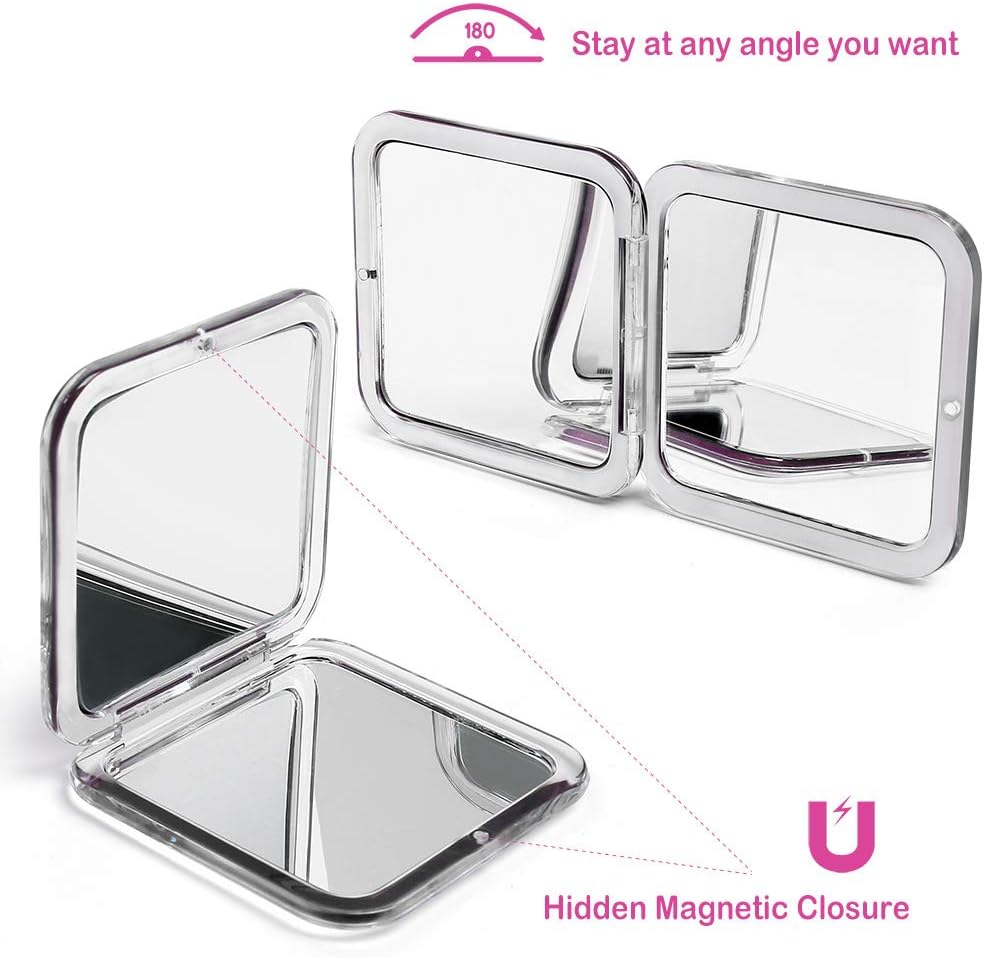 LotFancy 2PCS Magnified Compact Mirror for Purses, 10X 5X Magnifying Makeup Mirror, 3.3inch Small Pocket Mirror, Double-Sided Travel Mirror for Tweezing, Eyeliner Mascara Putting on