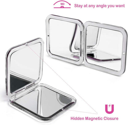 LotFancy 2PCS Magnified Compact Mirror for Purses, 10X 5X Magnifying Makeup Mirror, 3.3inch Small Pocket Mirror, Double-Sided Travel Mirror for Tweezing, Eyeliner Mascara Putting on