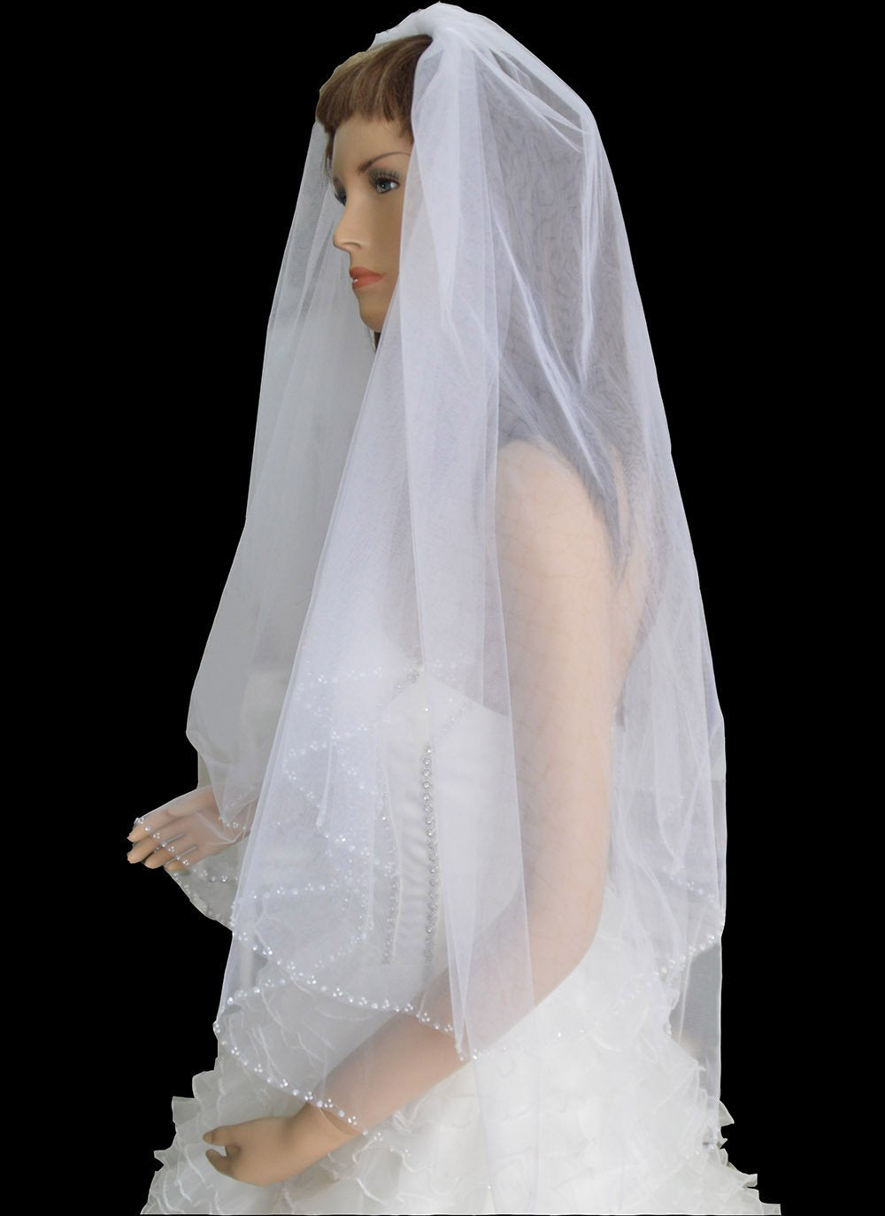 LotFancy 2T 2 Tier Silver Lined Beaded Edge Bridal Wedding Veil, Cut Edge with Hand Sewn Beading (Bugle Beads, Seed Beads and Sequins)