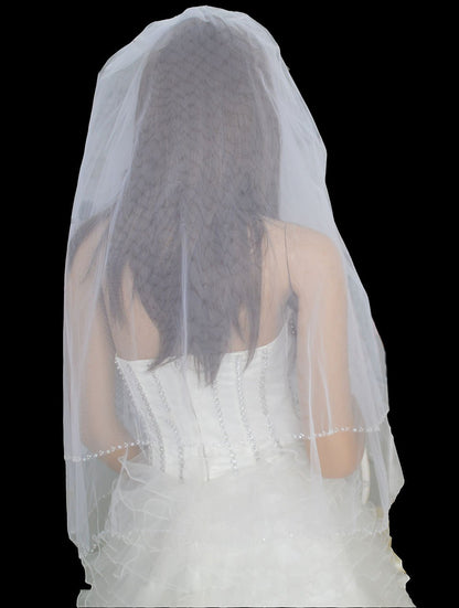 LotFancy 2T 2 Tier Silver Lined Beaded Edge Bridal Wedding Veil, Cut Edge with Hand Sewn Beading (Bugle Beads, Seed Beads and Sequins)