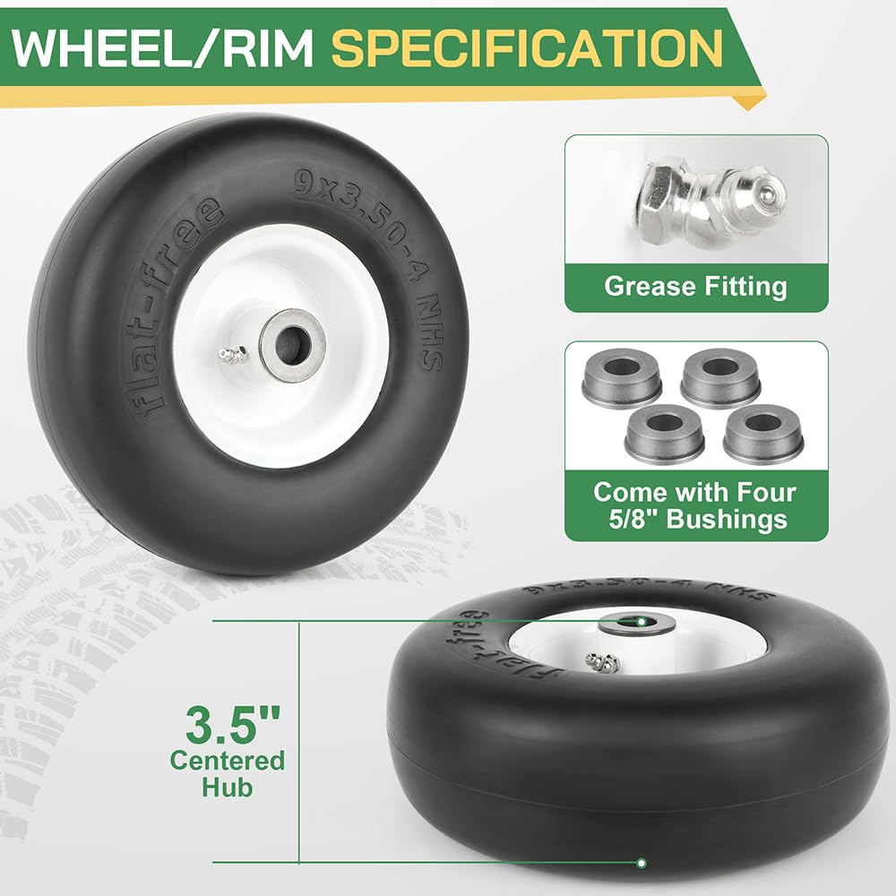 LotFancy 9x3.50-4” Flat Free Tire and Wheel, 2 PCS Lawn Mower Tire, 3/4" or 5/8" Bushings, 3.5"-4"-4.5"-5" Centered Hub, Smooth Tread Tire for Zero Turn Mowers