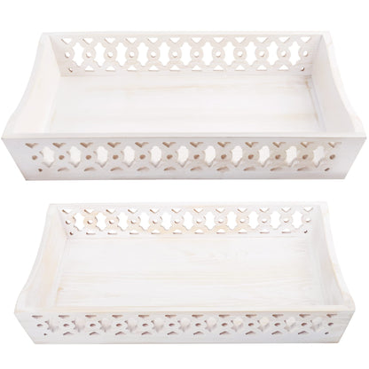 LotFancy Wood Serving Trays, Set of 2, Decorative Nesting Unfinished Trays with Carved Pattern, Whitewashed Charcuterie Board Platter for Ottoman, Coffee Table, Countertop Centerpiece