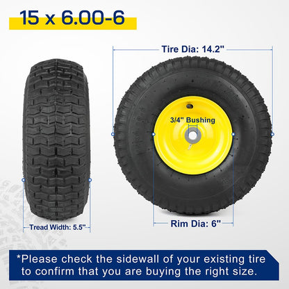 LotFancy 15x6.00-6 Lawn Mower Tires, 15x6-6 Front Tire Replacement for Craftsman/John Deere/Cub Cadet Riding Mowers, 4 Ply Pneumatic, 3" Centered hub, 3/4" Bushing